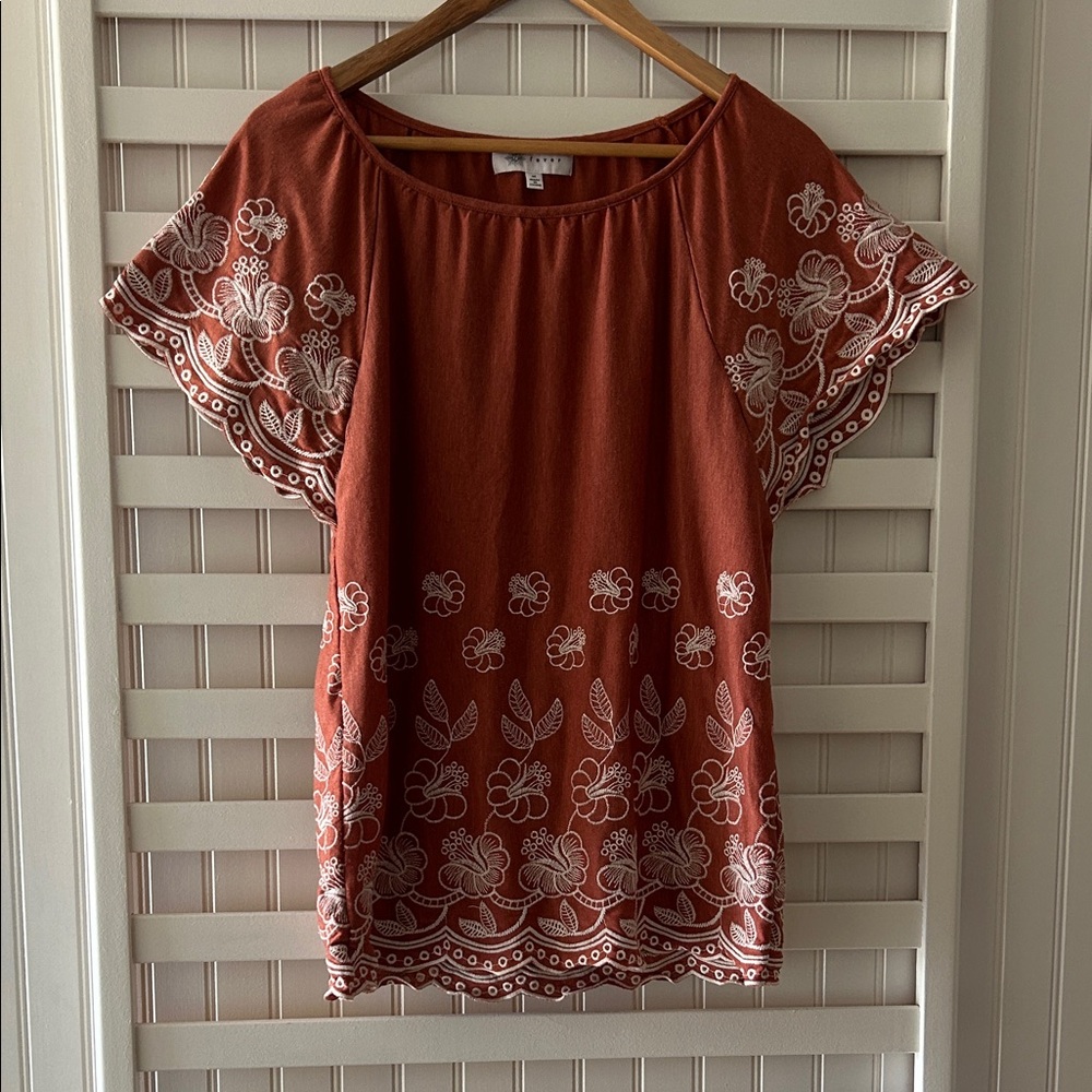 Fever Terracotta Blouse with Cream Embroidery